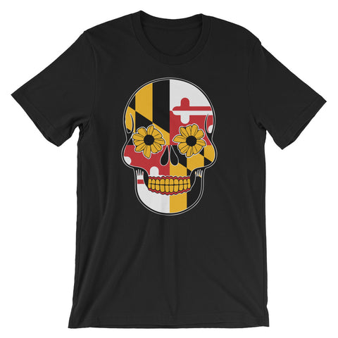 MD Flag Sugar Skull Short-Sleeve Unisex T-Shirt (More Colors Available) - MarylandFlagTheWorld
