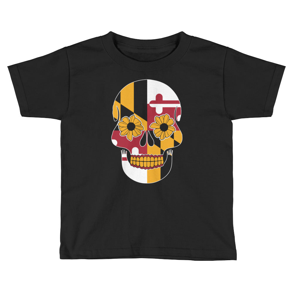 MD Flag Sugar Skull Toddler Short Sleeve T-Shirt (Black) - MarylandFlagTheWorld