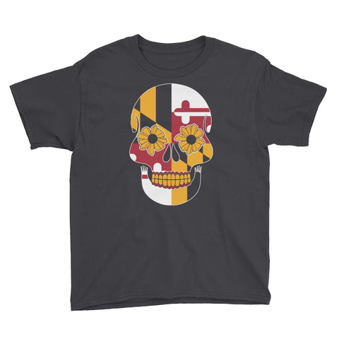 MD Flag Sugar Skull Kid's Short Sleeve T-Shirt (Black) - MarylandFlagTheWorld