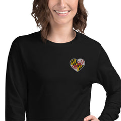 Maryland Flag Embroidered Heart Unisex Long Sleeve Tee